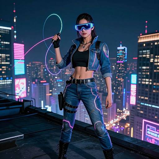 Cyberpunk-style photograph of a woman with neon lights, wearing a crop top, denim jacket, and jeans, holding a neon hula hoop,