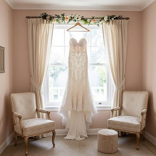 Photograph of a lace wedding dress hanging on a hanger in front of a sunlit window, flanked by two ornate beige armchairs
