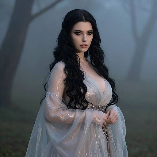 Digital artwork of a fair-skinned, dark-haired woman with large breasts, wearing a sheer, white, flowing dress in a misty forest.