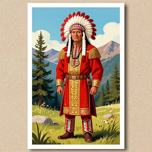Vintage Illustration of Indigenous Chief in Traditional Regalia