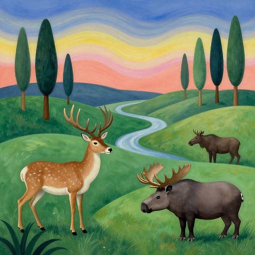 Digital illustration of a vibrant landscape at sunset: a brown deer with white spots, a moose with large antlers, and a dark brown moose