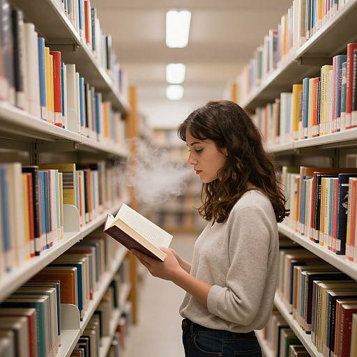 Photograph of a young woman with curly brown hair, wearing a white sweater, reading a book in a brightly lit library aisle, surrounded by colorful book