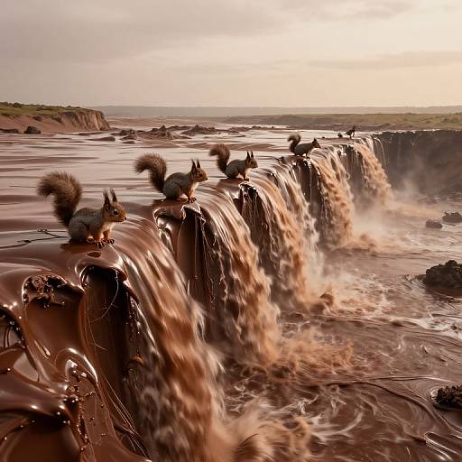 Photograph of brown, turbulent waterfall with multiple gray squirrels standing on rocks, under a bright, cloudy sky. Squirrels' fur contrasts with