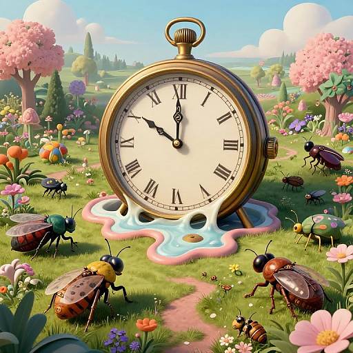 Whimsical digital illustration of a large, upright, gold pocket watch with black Roman numerals, surrounded by colorful flowers, pink trees, and several