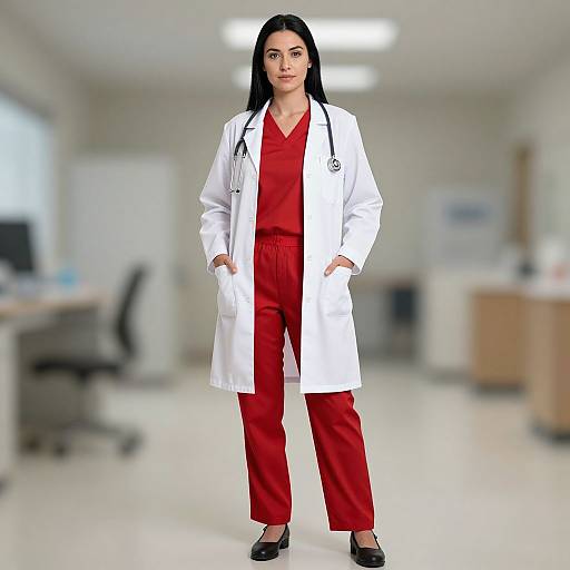 Photograph of a confident female doctor with long black hair, wearing a white lab coat over red scrubs, black shoes, and stethoscope,