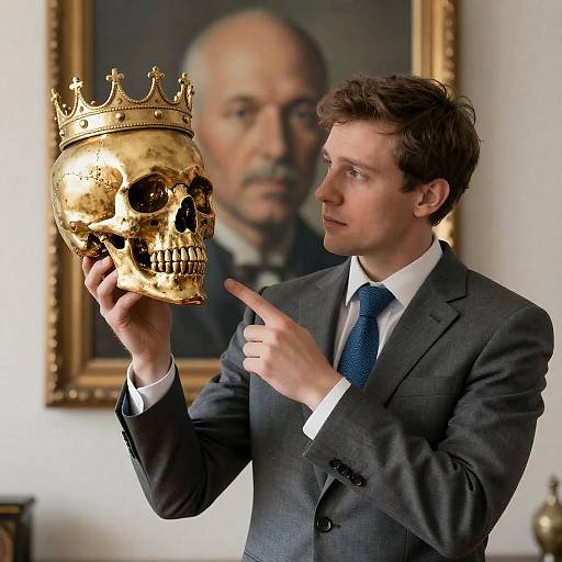 Serious Man Pointing at Crowned Skull