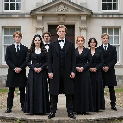 Photograph of six formal, black-clad individuals (three men, three women) standing in front of a grand, white stone building. Serious expressions
