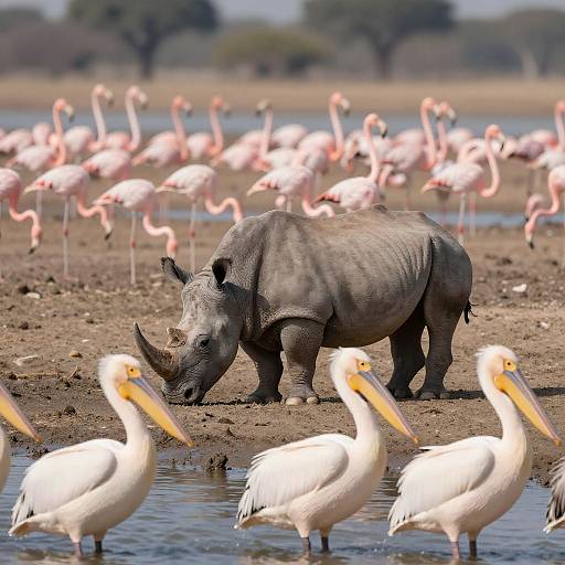 Eye-Level Wildlife Scene with Rhinos and Pelicans