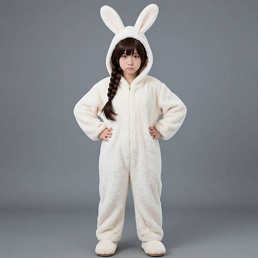 Photograph of an Asian girl with long black hair in a white fluffy bunny onesie with ears, standing against a gray background.