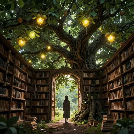 Photograph-style digital art: Silhouetted figure in long coat stands under glowing lanterns, framed by tall tree, surrounded by book-filled shelves