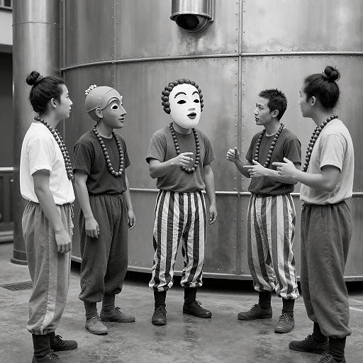 Black-and-White Masked Performers in Factory