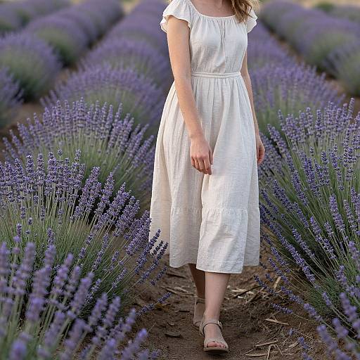 Photograph of a woman in a white, short-sleeved, knee-length dress walking through a lavender field, surrounded by rows of purple lavender plants