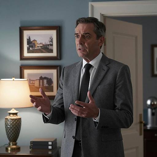 Intense Man in Grey Suit Gesturing