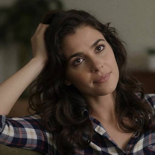 Woman with Wavy Hair in Plaid Shirt