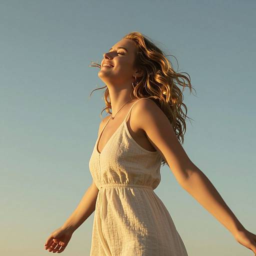 Photograph of a smiling young woman with wavy blonde hair, wearing a white sundress, standing against a clear blue sky, arms outstretched