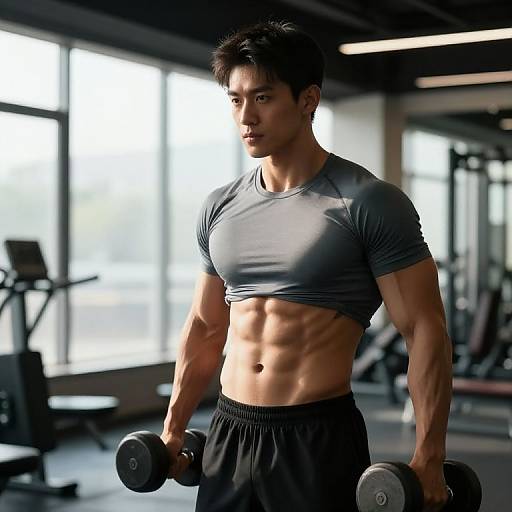 Photograph of a muscular Asian man with short black hair, wearing a gray crop top and black shorts, holding dumbbells in a well-lit