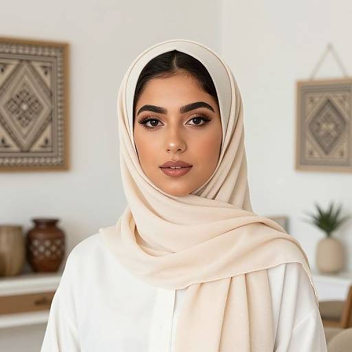 Photograph of a young woman with dark hair, brown eyes, and light brown skin, wearing a white hijab and matching abaya, standing in