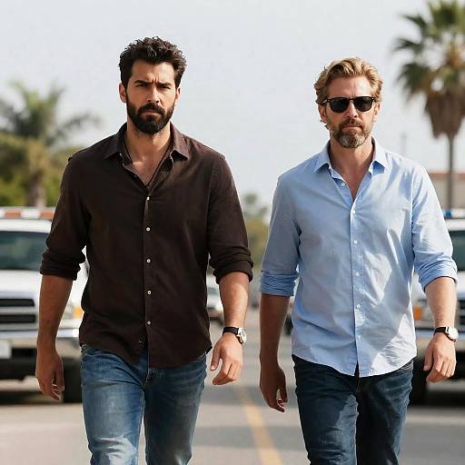 Two Men Strolling Under a Clear Sky