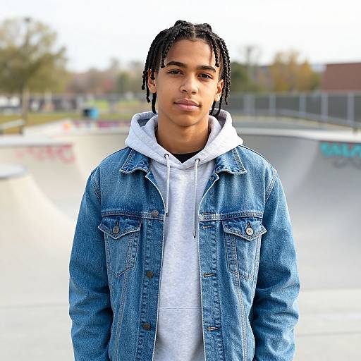 Photograph of a young Black man with medium brown skin and braided hair, wearing a blue denim jacket over a white hoodie, standing in front of