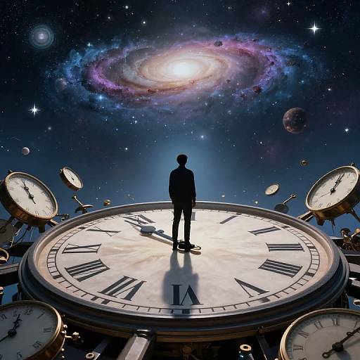 Silhouetted figure stands on giant clock face, surrounded by floating clocks, gazing at colorful, glowing galaxy in starry night sky.