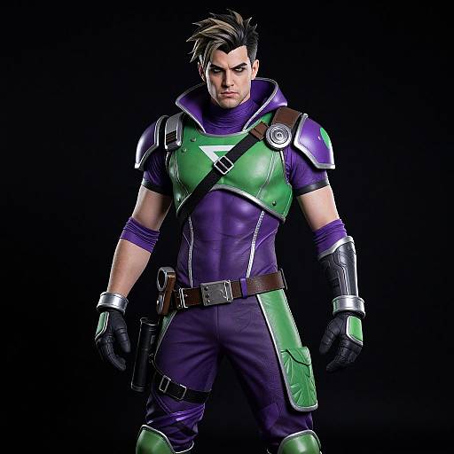 Digital artwork of a muscular man with short, spiky black and blonde hair, wearing green and purple sci-fi armor, black gloves, and belt,