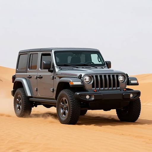 Photograph of a black Jeep Wrangler driving through a sandy desert, showcasing its rugged design, large tires, and front headlights.