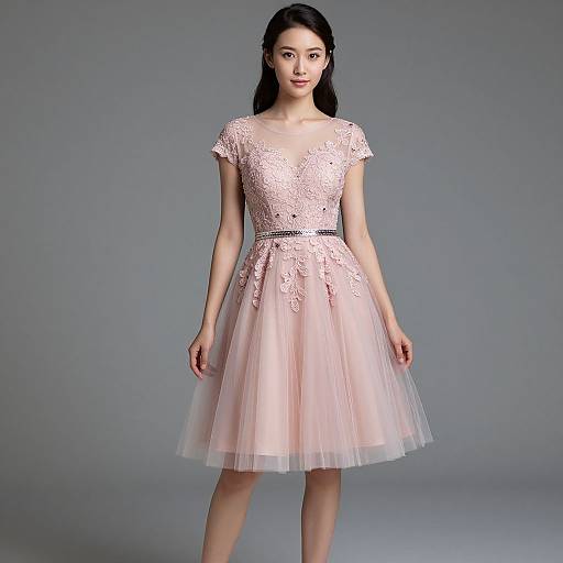 Photograph of an Asian woman with long black hair, wearing a pastel pink lace and tulle knee-length dress, standing against a gray background.