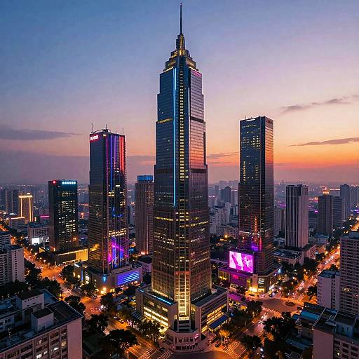 Photograph of a cityscape at dusk featuring illuminated skyscrapers with neon lights, a vibrant orange and purple sunset sky, and bustling streetlights below