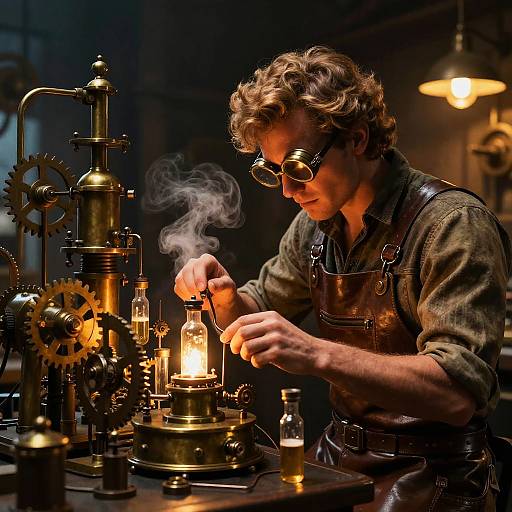 Photograph of a curly-haired man with glasses, wearing a dark shirt and leather apron, repairing a steam-powered, brass clockwork device emitting smoke