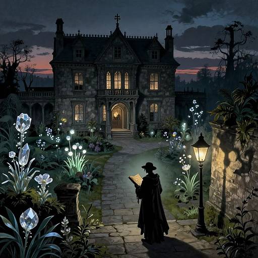 Digital illustration: Silhouetted figure in cloak and hat holding a glowing book, stands on a stone path to a lit Gothic mansion, surrounded by