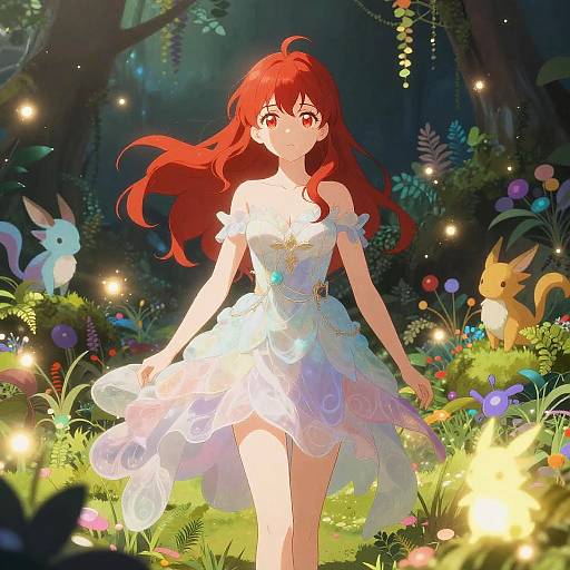 Anime-style digital illustration of a red-haired girl in a white, off-shoulder dress, surrounded by glowing fireflies and Eevee-like creatures