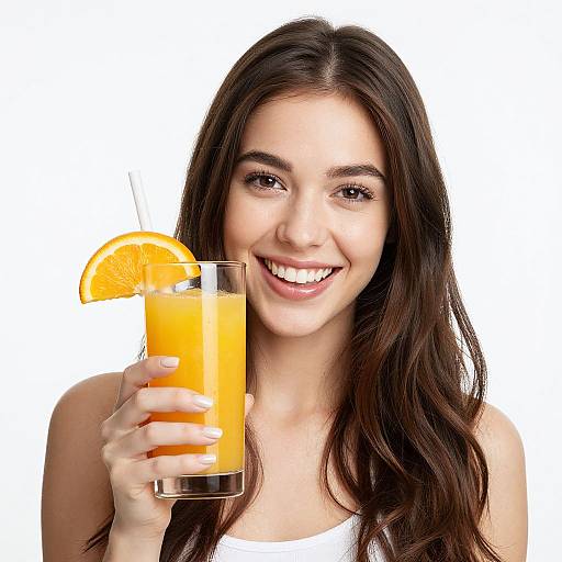 Photograph of a smiling young woman with long dark hair, holding a glass of bright orange juice with a lemon slice. White background.