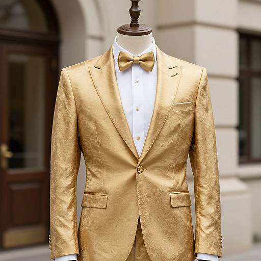 Photograph of a gold, shimmering suit with a white shirt and gold bow tie, displayed on a black mannequin torso in front of a