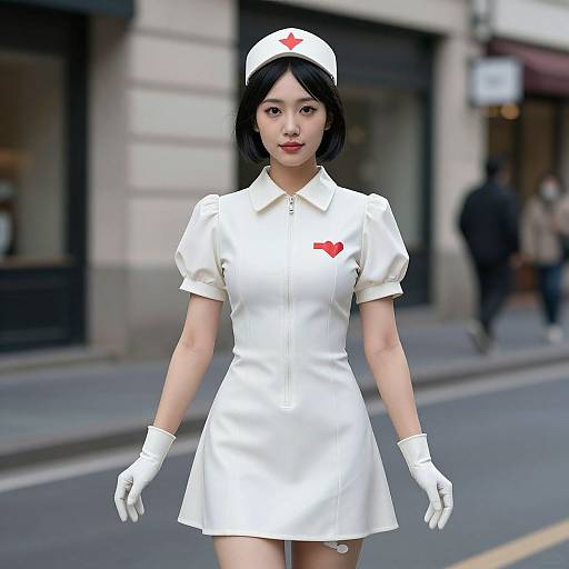 Digital CGI image of an Asian woman in a white nurse uniform with red heart emblem, white gloves, and cap, standing on a city street. Bl