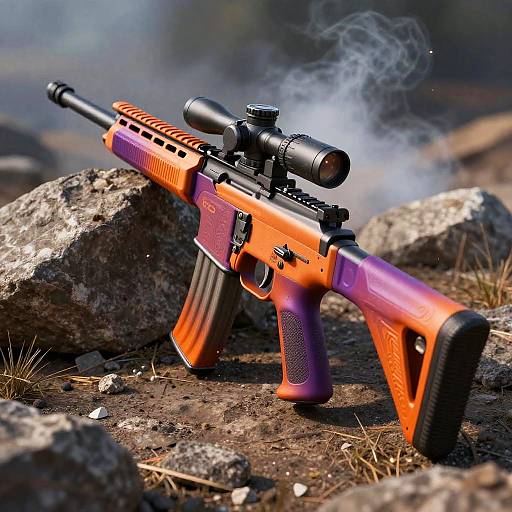 Photograph of a vibrant orange and purple sniper rifle with black scope and smoke, resting on rocky terrain with grass.