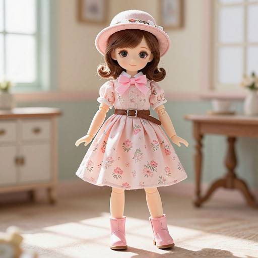 Photorealistic CGI of a young girl with large blue eyes, wearing a pink floral dress, brown belt, white hat, and pink boots, standing