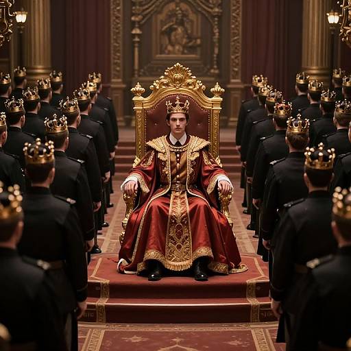 Photorealistic CGI: A young, pale-skinned man in ornate red and gold royal robes sits on a gold throne, flanked by rows
