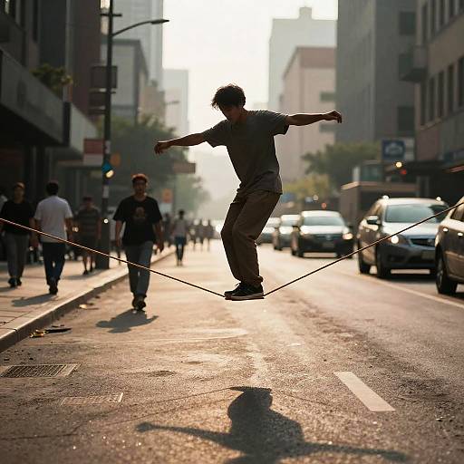 Tightrope Balancing Over Urban Dawn