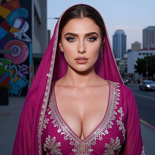 Photograph of a fair-skinned woman with striking blue eyes, wearing a deep pink traditional outfit with gold embroidery, and a matching veil, standing in