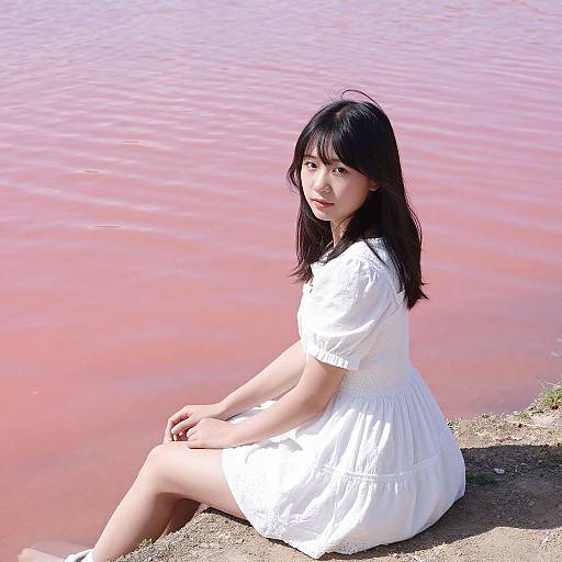 Photograph of an Asian woman with black hair, wearing a white dress, sitting by a pink-tinted lake, looking over her shoulder.