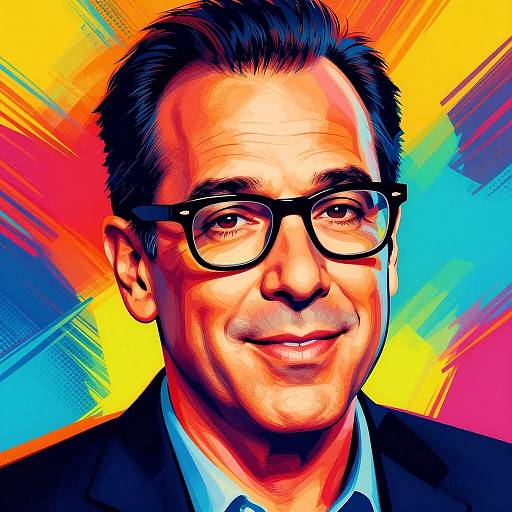 Bright, colorful digital portrait of a smiling middle-aged man with dark hair, black glasses, and suit, set against a vibrant, abstract background.