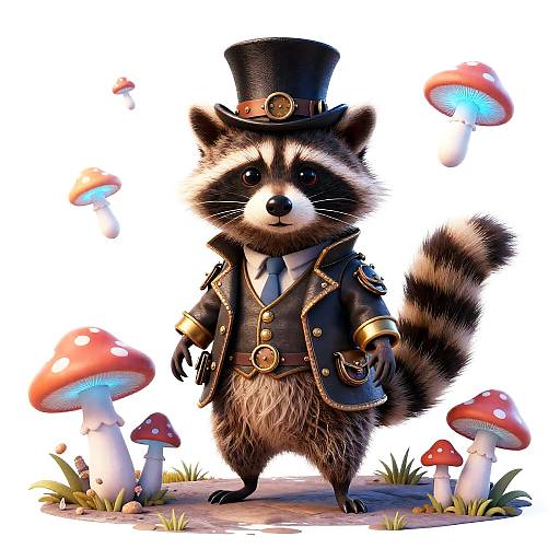 Steampunk Raccoon with Bioluminescent Mushrooms
