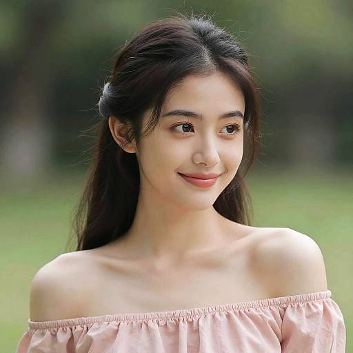 Portrait of Young Woman in Pink Off-Shoulder Top