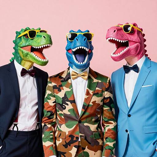 Photograph of three anthropomorphic dinosaurs in suits: green in black tuxedo, blue in camouflage, pink in blue suit; all wear yellow sunglasses