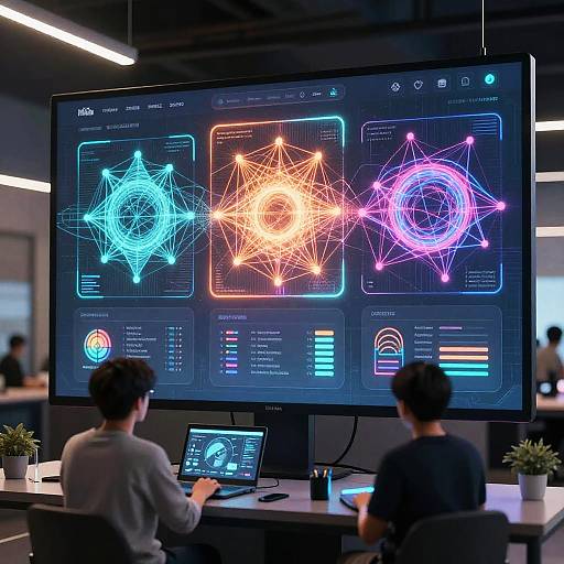 Photograph of two men in a modern office, working on computers with large screens displaying neon, glowing geometric patterns.