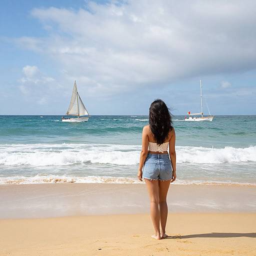Woman on Beach with Boats