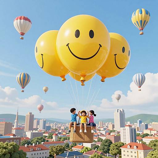 Colorful photo of three children flying in large yellow smiley face balloons over a city with multiple hot air balloons. Bright blue sky, cityscape below