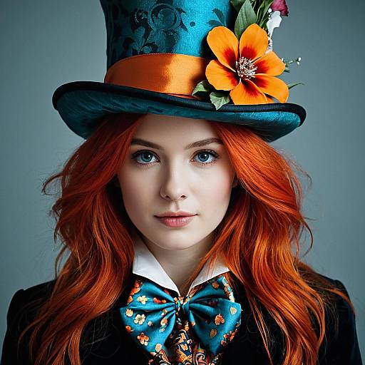 Woman in Mad Hatter Costume with Orange Hair