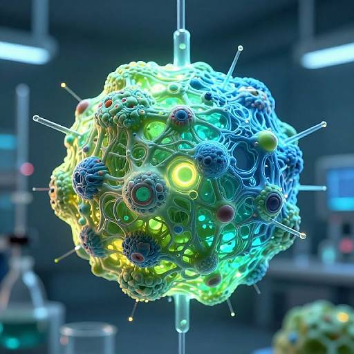 Digital CGI artwork of a glowing, colorful, spherical molecular structure with neon-green, blue, yellow, and red circular elements, suspended in a futuristic laboratory