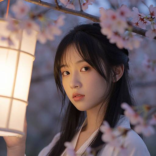 Photograph of a young East Asian woman with long black hair, wearing a white kimono, surrounded by soft pink cherry blossoms, illuminated by a